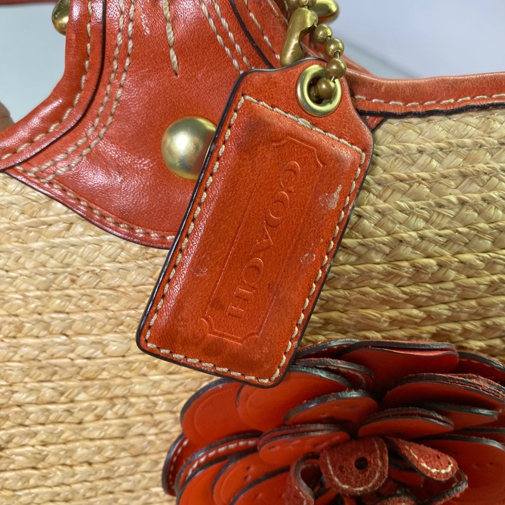 Coach Straw Leather Flower Tote Bag Beige Orange Summer Woven Beach Coastal Boho - Picture 6 of 15